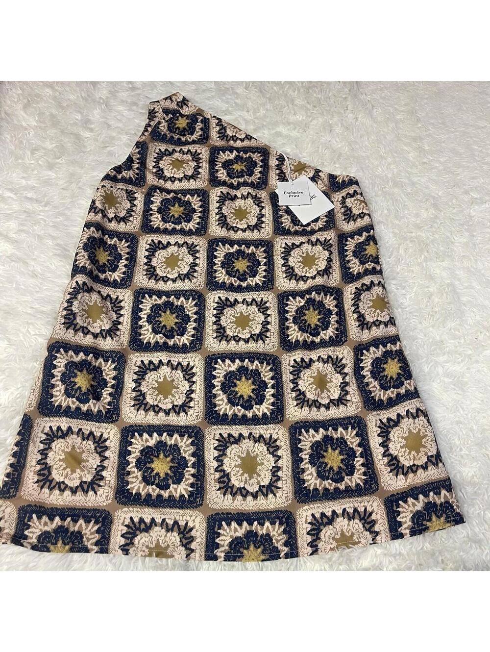 NWT Seven Wonders Rowena One Shoulder Mini Dress L Celestial Sun Patchwork